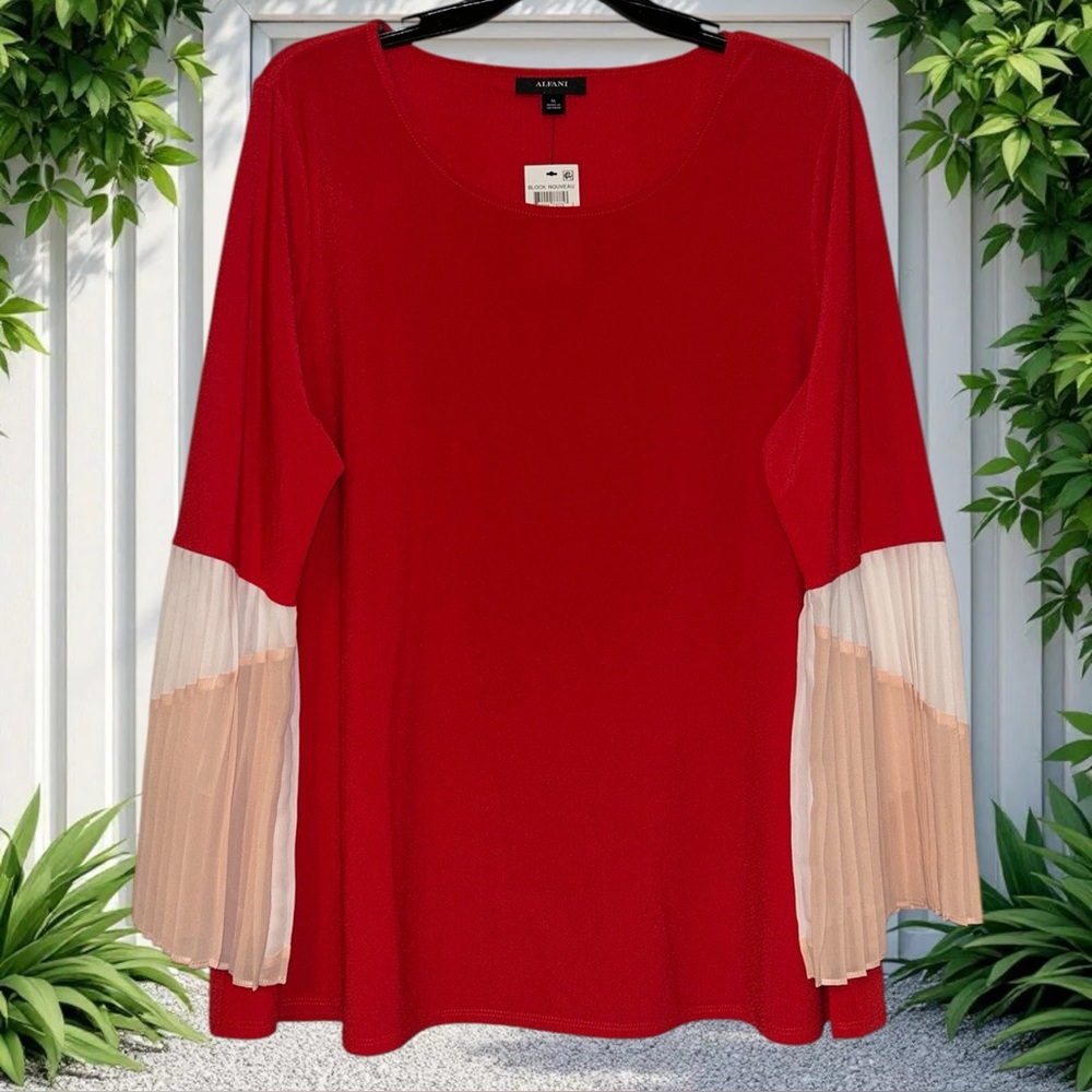 Alfani Women’s Red Long Sheer Bell Sleeve Blouse Sz XL Top Mature Office Career
